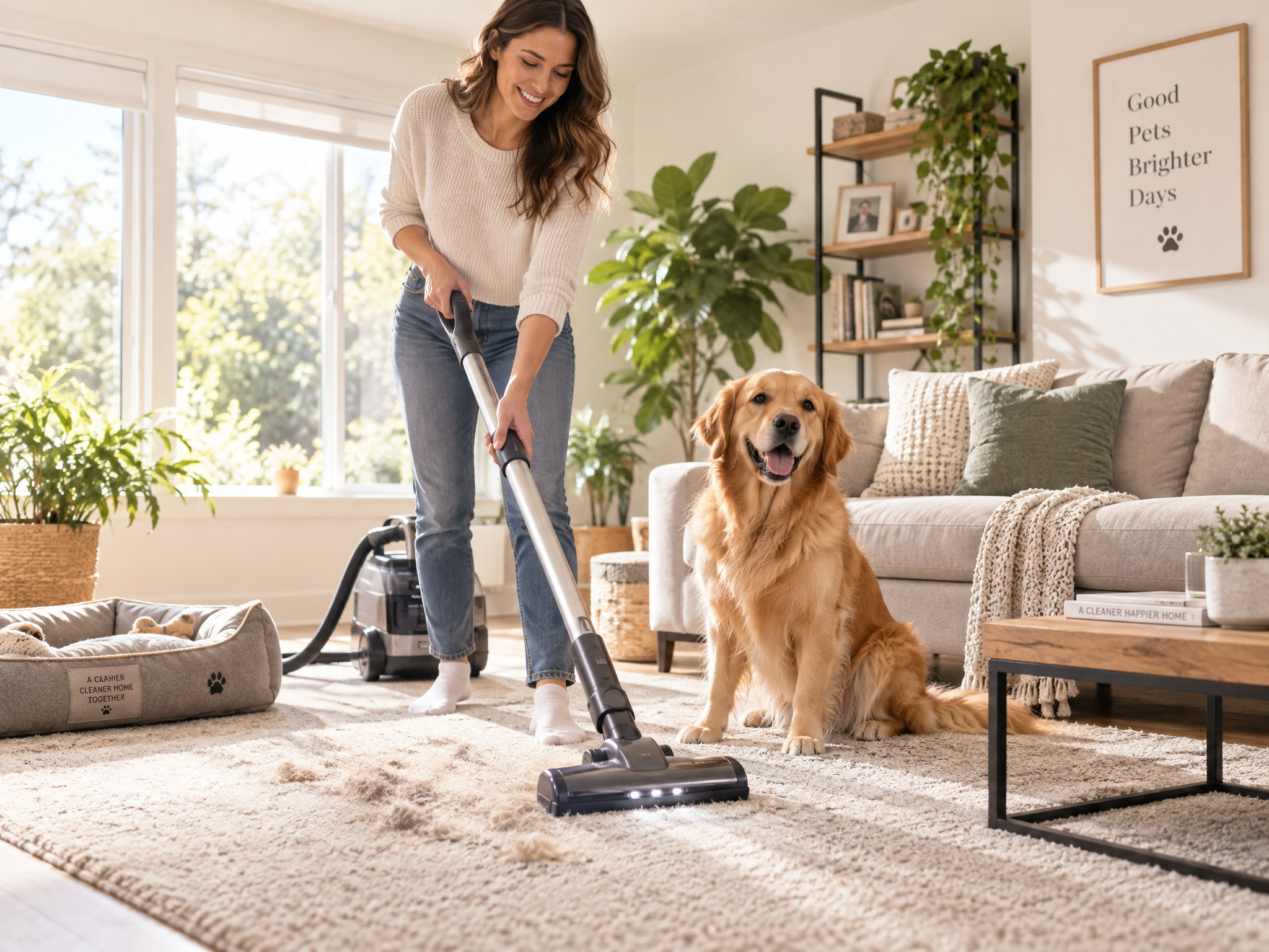 Pet owner cleaning up after their dog at home